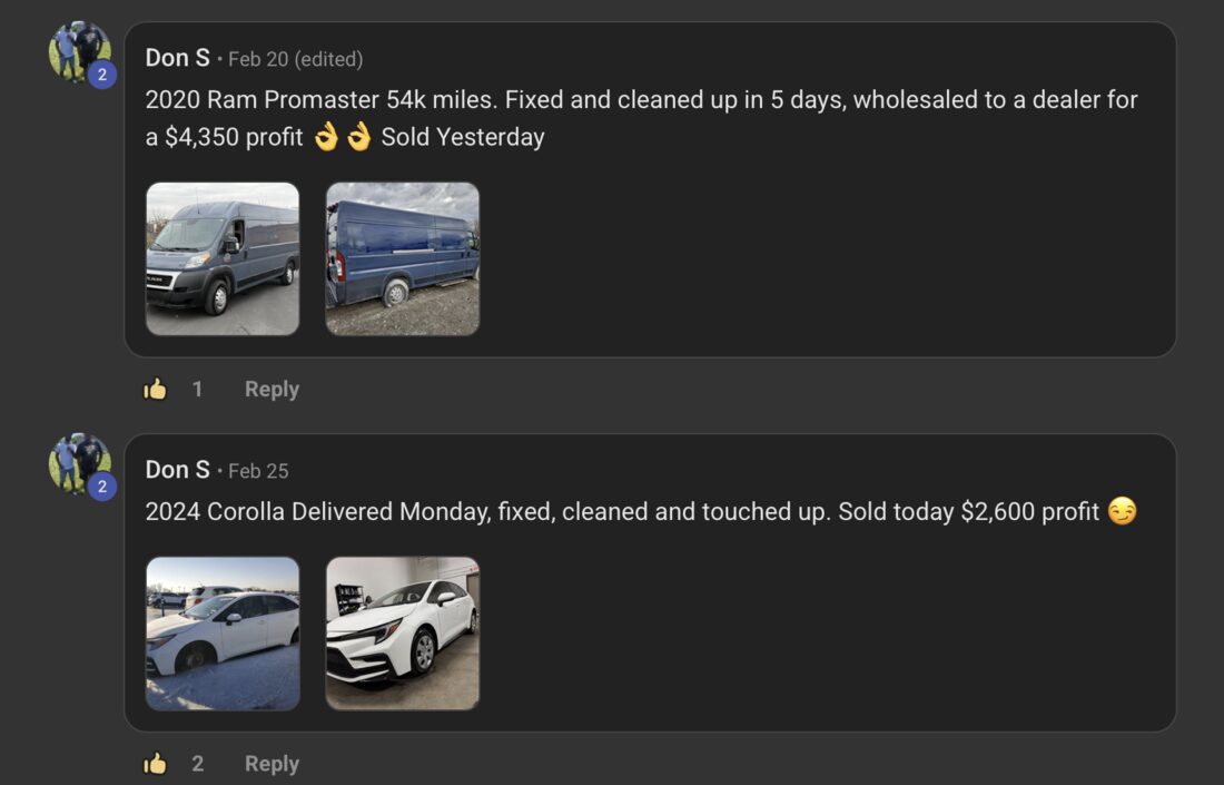 Student wins: 2020 Ram Promaster $4,350 profit and 2024 Corolla $2,600 profit